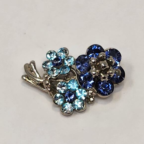 Flower Bouquet Floral Blue Rhinestone Brooch Pin Silver Tone Retro Jewelry Small - Picture 1 of 4